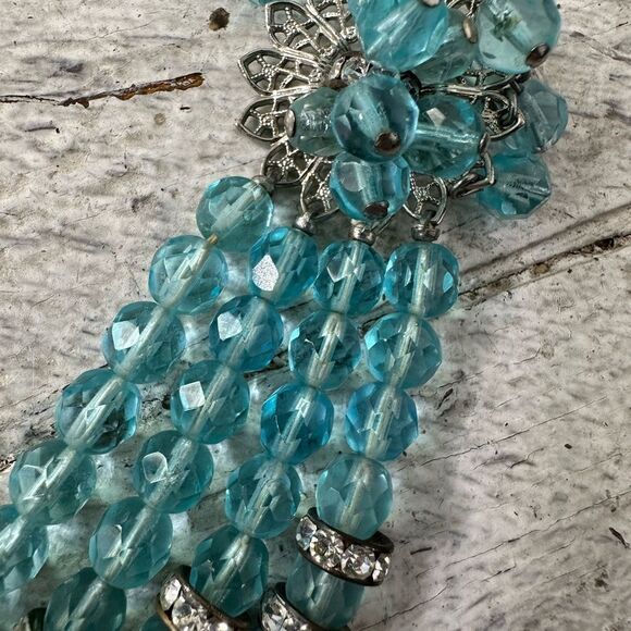 Vintage 1950s Aqua Multi Strand Rhinestone Beaded Necklace - Picture 6 of 9